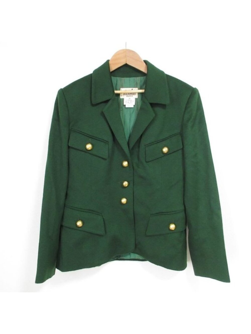 Hermes Vintage Gold Button Wool Jacket Size 40 Green